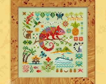 Lemuria. Chameleon by Owl Forest Embroidery 2025 Printed counted cross stitch pattern Set of OwlForest Hand-Dyed Threads DMC 32 ct with 2 st