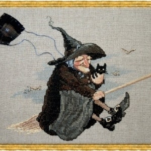 May include: A witch with a black cat flies on a broomstick. The witch is wearing a black hat and a long brown dress. The cat is sitting on the witch's shoulder. The background is a light gray.