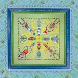 Bright Beetles by Owl Forest Embroidery 2025 Motif imprimé point de croix compté Lot de fils OwlForest teints à la main DMC