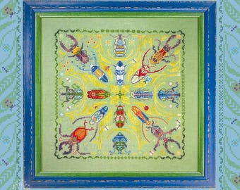 Bright Beetles by Owl Forest Embroidery 2025 Printed cross stitch pattern, Set of OwlForest Hand-Dyed Threads DMC
