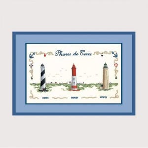 May include: A framed artwork featuring three embroidered lighthouses. The lighthouses are in black and white, red and white, and beige. The artwork is framed in a blue border and includes the text "Phare de Terre".