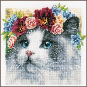 Flower Crown Ragdoll by Lanarte. Beautiful Cat in Flowers counted cross stitch kit 2021