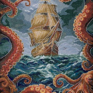May include: Cross-stitch artwork depicting a tall ship sailing through stormy seas, surrounded by large orange octopus tentacles. The ocean is a deep blue, and the sky is overcast with shades of gray and blue. The ship's sails are a light brown.