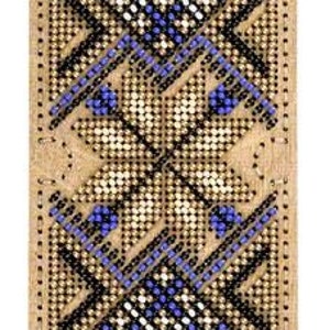 May include: A beaded bookmark with a geometric pattern in shades of blue, gold, and black. The bookmark is made of a beige fabric.