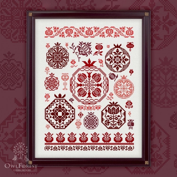 Pomegranate Quaker by Owl Forest Embroidery 2018 Printed counted cross stitch pattern