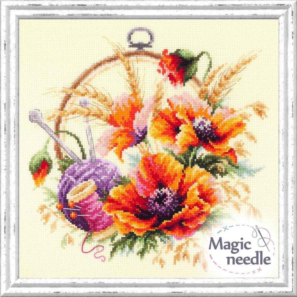 Kit Point De Croix Magic Needle - Design Poppies And Daisies, Neuf, Idéal Pour Débutants Ou Experts