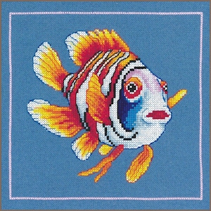 May include: A colorful cross-stitch of a tropical fish with orange, yellow, red, white, and blue hues. The fish is set against a blue background with a pink border, showcasing the detailed needlework and vibrant colors.