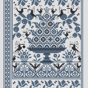 Könnte beinhalten: Ein Kreuzstich-Sampler in Blau- und Weißtönen mit einem zentralen Korbmotiv, das mit floralen Elementen gefüllt ist. Der Rand umfasst geometrische und florale Muster mit stilisierten Vögeln und Blättern. Der Text "JOOLS LINE 2025" befindet sich unten.