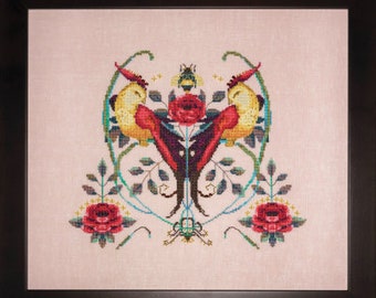 Love Birds - Boerum Decorum by Nora Corbett Designs (Mirabilia Designer) Cross stitch pattern, Embellishment pack Release March 2023