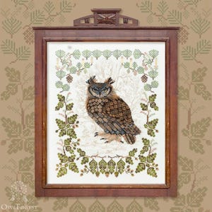 Hibou de Sibérie par Owl Forest Broderie Motif imprimé point de croix Ensemble de fils teints à la main DMC 28, 30, 32 carats, tissu imprimé 30 carats
