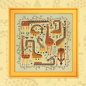 May include: A framed cross-stitch featuring multiple giraffes in various poses. The giraffes are primarily orange and brown with a light green background. The frame is a solid yellow colour. The design has a folk art style.