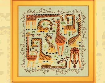 Spotted Giraffes by Owl Forest Embroidery 2026 Printed counted cross stitch pattern Set of OwlForest Hand-Dyed Threads DMC 32ct with 2 str