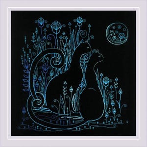 Cats. Moonlight by Riolis 2023 Blackwork Needlework Embroidery Kit
