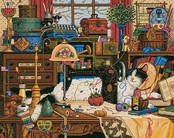 Maggie The Messmaker by Dimensions The Gold Collection Designer Charles Wysocki Cat counted Cross Stitch Kit