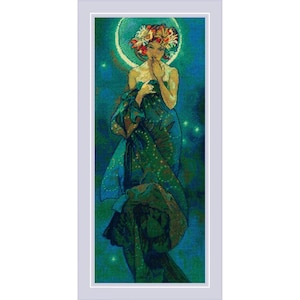 May include: A cross-stitch artwork featuring a woman with a floral crown and a crescent moon behind her. She is draped in flowing green and blue fabric, with a hand raised to her face. The background is a deep teal with scattered stars.