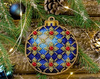 Blue Festive Pattern by Wonderland Crafts Christmas Ornament Cross-stitch with beads kit on wood Made in Ukraine