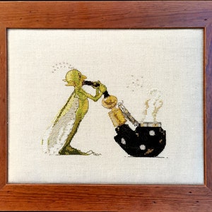 May include: A green fairy-like creature with wings blows smoke from a pipe into a black and white polka dot pot. The pipe is decorated with gold accents.