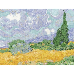 May include: A cross-stitch embroidery depicting a landscape with a golden wheat field in the foreground, a tall dark green cypress tree on the right, and rolling green hills under a swirling sky filled with shades of blue, lavender, and white.