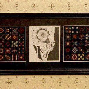 May include: A framed artwork with three panels. The center panel features a black and white image of a sunflower. The left and right panels feature a collection of colorful squares in a patchwork design.