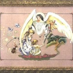 Patrón de punto de cruz contado Ángel de la guarda de Mirabilia Designs 2003, diseñadora Nora Corbett