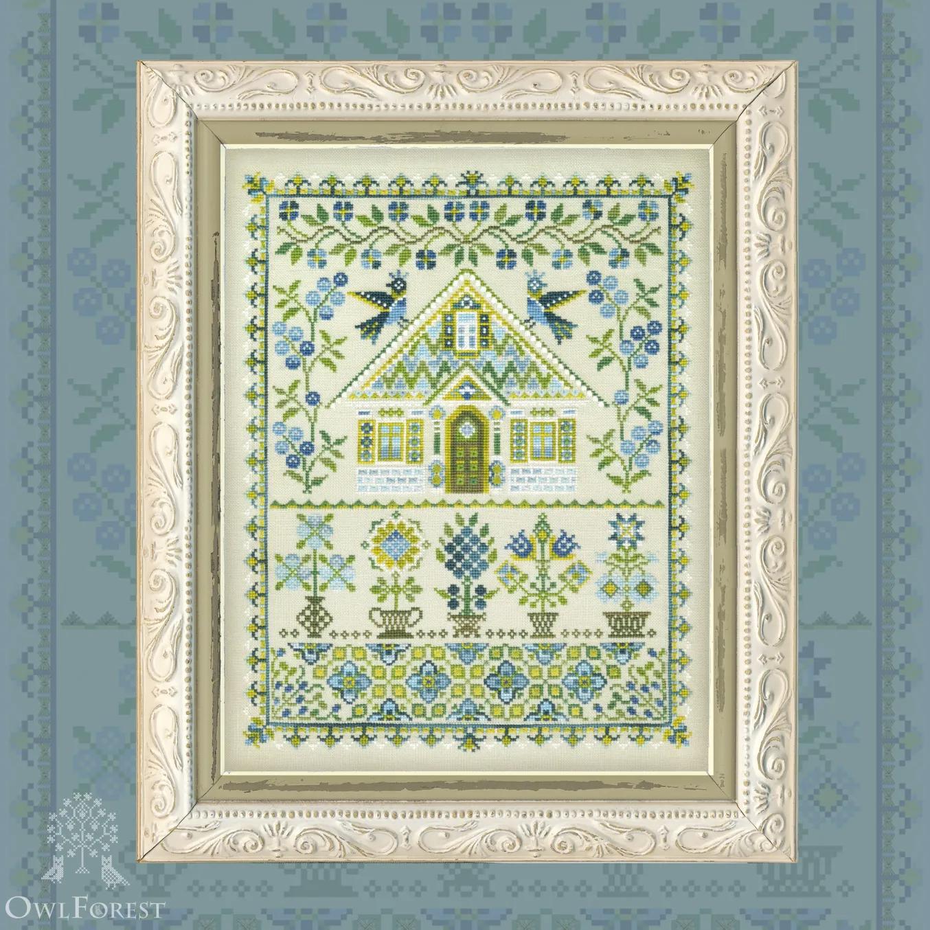 Blueberry House by Owl Forest Embroidery 2025. Printed counted cross stitch pattern, Set of Hand-Dye