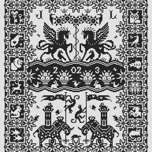 May include: Black and white cross-stitch sampler with a detailed border. The design features winged horses, towers, and various animal motifs. The year "2023" is prominently displayed, along with the letters "J" and "L".