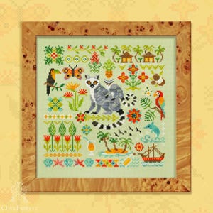 Lémurie. Broderie Lemur by Owl Forest 2025 Motif imprimé point de croix compté Lot de fils OwlForest teints à la main DMC