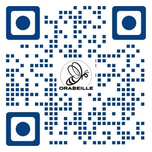 May include: A QR code with a blue and white design. The code is composed of small blue squares and includes four blue squares with a white border and a blue dot in each corner. The center of the code features a logo with a butterfly design and the text "ORABEILLE."