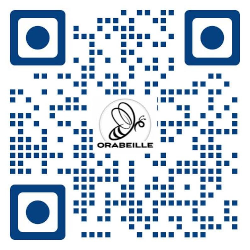 May include: A QR code with a blue and white design. The code is composed of small blue squares and includes four blue squares with a white border and a blue dot in each corner. The center of the code features a logo with a butterfly design and the text "ORABEILLE."