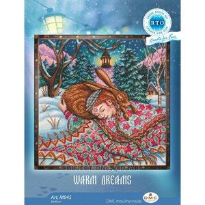 K&ouml;nnte beinhalten: Kreuzstich-Muster mit einer schlafenden Frau mit einem Kaninchen in einer verschneiten Waldlandschaft. Das Muster tr&auml;gt den Titel "Warm Dreams" und ist Teil der Serie "Collections d'Art". Das Muster ist 30x30 cm gro&szlig;.