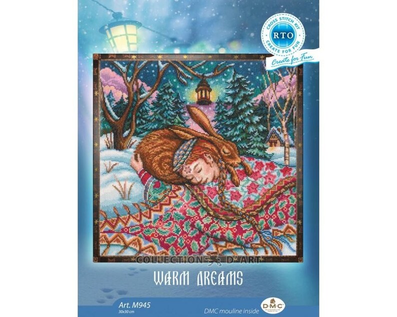 K&ouml;nnte beinhalten: Kreuzstich-Muster mit einer schlafenden Frau mit einem Kaninchen in einer verschneiten Waldlandschaft. Das Muster tr&auml;gt den Titel "Warm Dreams" und ist Teil der Serie "Collections d'Art". Das Muster ist 30x30 cm gro&szlig;.