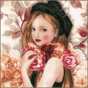I Hold Roses by Lanarte Counted Cross Stitch kit 2021. Lovely Young Girl in gorgeous Roses.