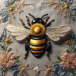 May include: Embroidered bee with yellow and black stripes, surrounded by floral embroidery in pink, blue, and gold. The bee has detailed wings and a fuzzy yellow body, set against a neutral fabric background.