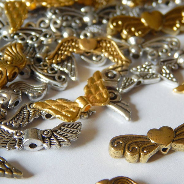 50 Stück Flügelperlen Flügel Metall MIX silber gold div Größen Formen DIY Schutzengel basteln