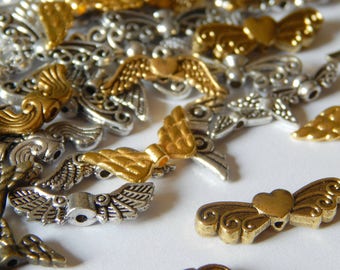 100 pieces wing beads angel wings metal MIX silver gold div sizes / shapes guardian angel wings