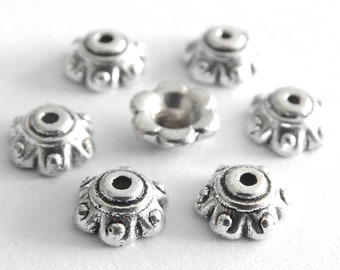 80 pearl caps 7 mm silver patterned flower 7 x 3 mm