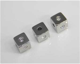 3 CUBES STAINLESS STEEL 8 mm with crystal / rhinestone silver high quality cube bead