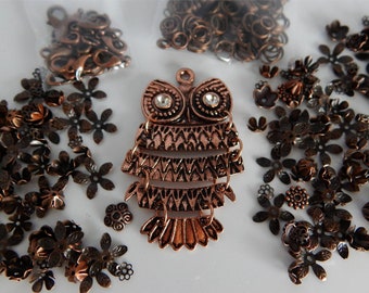 Remaining stock: Bead caps metal beads copper antique approx. 360 pieces + 300 jump rings + 1 large owl pendant