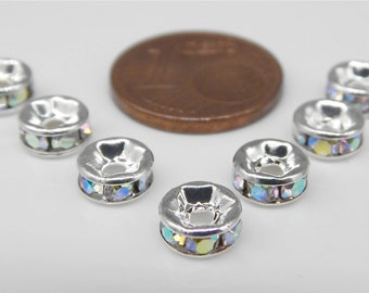 50 MINI rhinestone rondelle rhinestone rings approx. 6 mm (5.5-6 mm) silver - glass AB rainbow shimmer