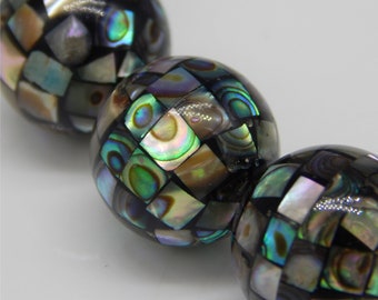 3 ball beads abalone paua shell XL 16 mm large mosaic