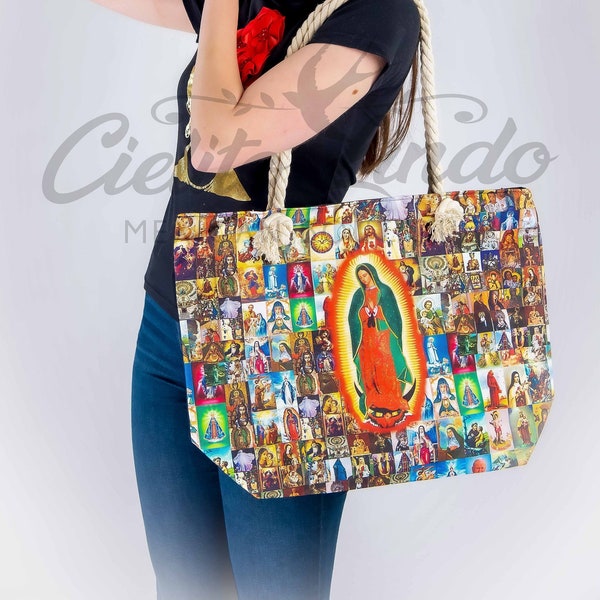 Grand sac fourre-tout Virgen de Guadalupe imprimé en toile estampée Notre-Dame de Gudalupe Virgencita La Guadalupana grand sac à main sac à main