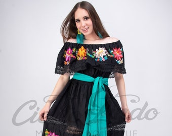 Mexican Off the Shoulder Dress Maxi Ankle Lenght Floral Embroidered back and front