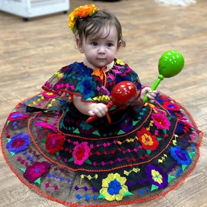 Mexican Chiapaneca Dress for Babies and Toddlers Girls Black with Multicolor Embroidery