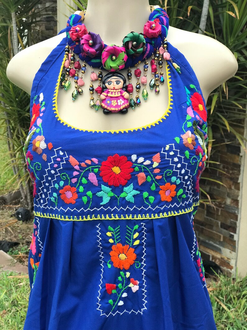 Many Colors Mexican Halter Dress with Floral Multicolor Embroidery Sundress Summer Dress Open Back Beach Wear Made in Puebla Mexico
