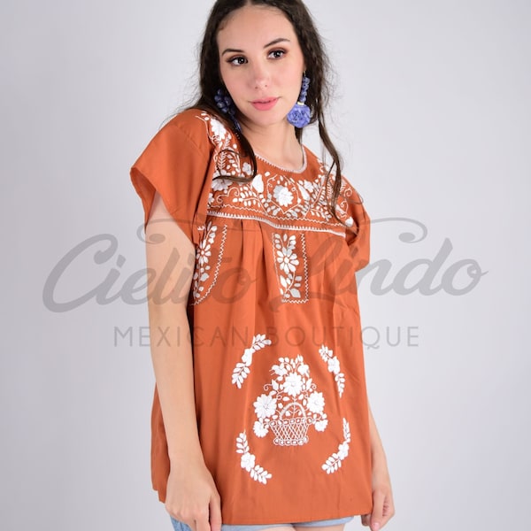 Texas Longhorns Handmade Floral Embroidered Mexican Blouse College Spirit Top Short Sleeve