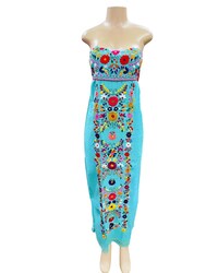 Vestido mexicano sin tirantes Sara, bordado floral hecho a mano, largo hasta los tobillos