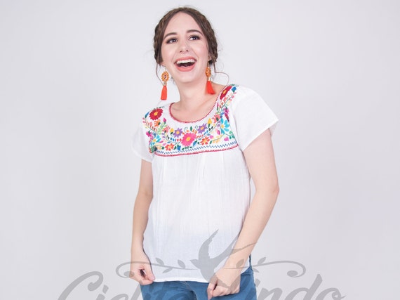 Mexican White Blouse With Multicolor Floral Handmade - Etsy