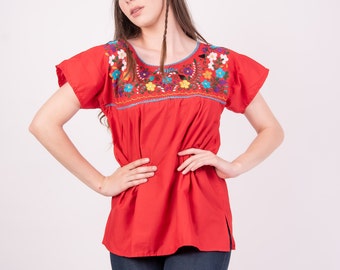 Mexican Blouse with Multicolor Floral Handmade Embroidery - Lightweight Poplin Fabric - Fiesta Top Party Blouse Traditional Puebla