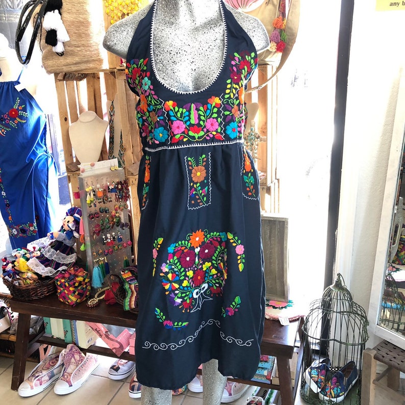 Many Colors Mexican Halter Dress with Floral Multicolor Embroidery Sundress Summer Dress Open Back Beach Wear Made in Puebla Mexico