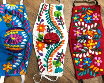 3 Pack Mexican Floral Embroidered Face Mask - Puebla Embroidery Handmade by Artisans. Inner Filter Washable Reusable Unisex
